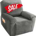 MAXIJIN Velvet 4 Piece Recliner Cover Stretch Plush Soft Cover for Chair Thick Soft Recliner Slipcover Separate Chair Cover with Side Pocket (Recliner, Gray) (Grey)