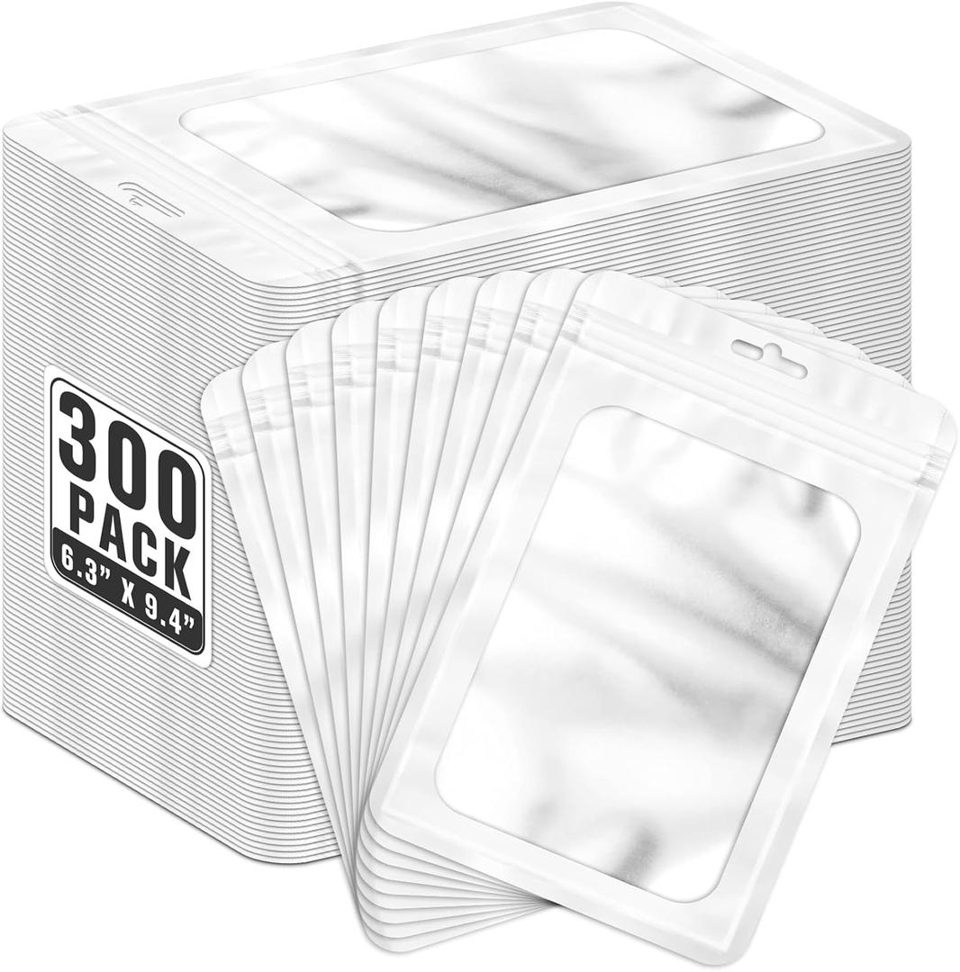 ANZNKU 300 Pcs Resealable Mylar Bags, 6.3x9.4 Inch Resealable Bags for Small Business, Smell Proof Hangover Kit Bag, Foil Zipper Pouches with Clear Window for Food Storage Party favor(White)