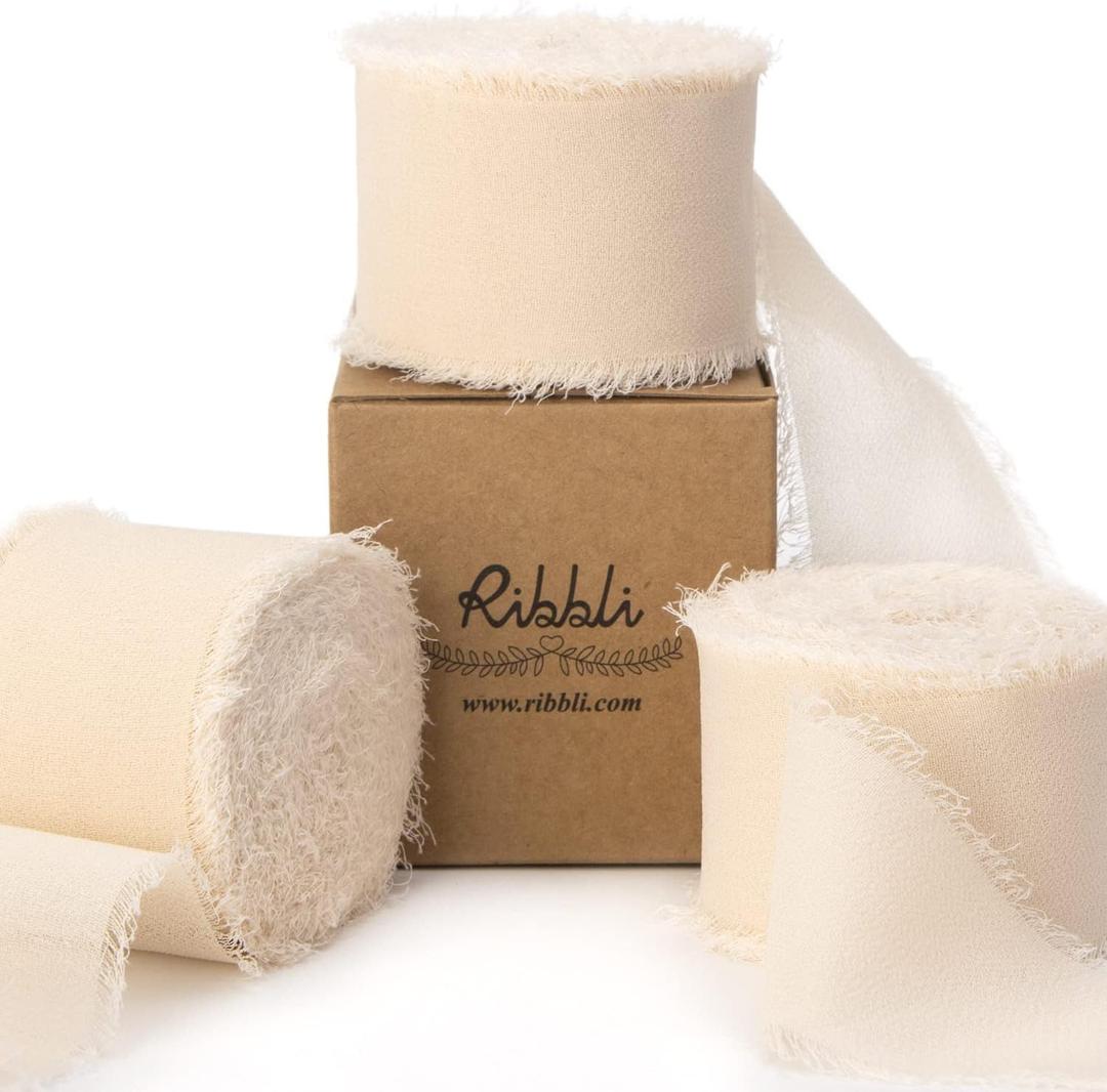 Ribbli Chiffon Ribbon - 1.5 inch x 30 Yard Champagne/ Nude Silk, Handmade for Wedding Invitations, Gift Wrapping, Bridal Bouquets, Flower Arrangements