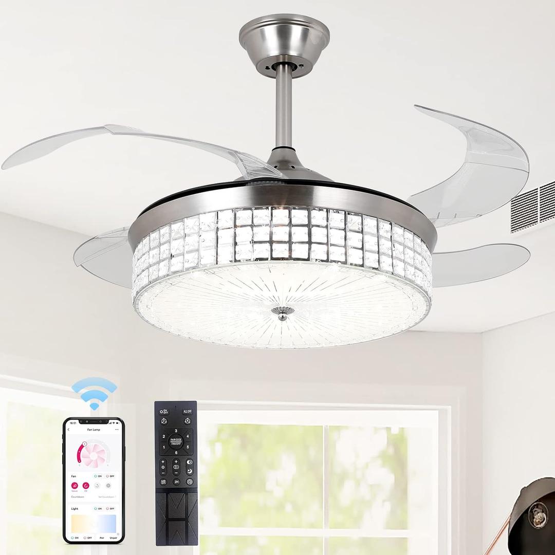 STERREN Retractable Ceiling Fans with Lights and Remote Control, 42 Inch Modern Invisible Blades LED Ceiling Fan, Crystal Chandelier,Fandelier for Living Room,Bedroom,Dining Room