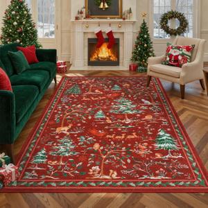LIVEBOX Christmas 5x7 Area Rug for Living Room Red Clearance, Washable Rugs for Bedroom Nursery Room, Soft Low Pile Non Slip, Christmas Tree Santa Claus Print Holiday Carpet Home Decor (Red 5'x7')