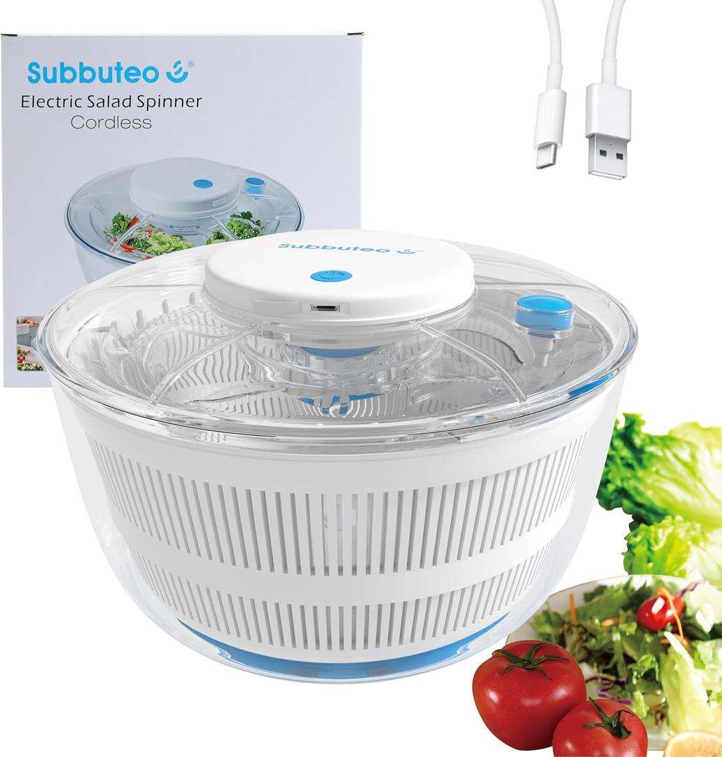 Subbuteo Electric Salad Spinner 4Qt  Rechargeable Lettuce Washer & Vegetable Dryer with 2+ Month Battery Life, Type-C, Detachable Parts, Spin Dry Kitchen Gadget for Greens Herbs Berries