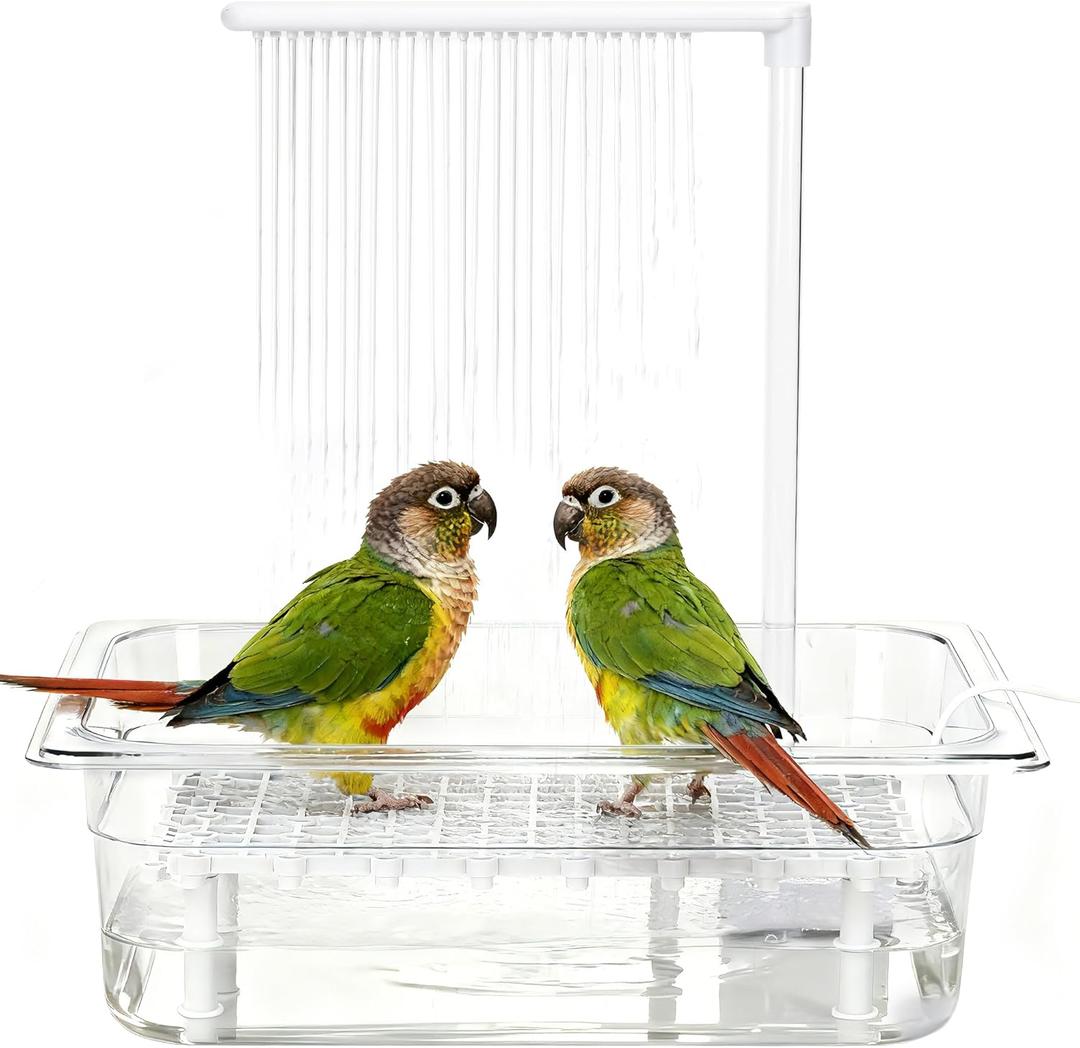 Bird Bath Tub with USB Pump, Automatic Bird Shower with Transparent Acrylic Basin, Transparent Acrylic Basin & Mesh Perch for Parakeets, Cockatiels, Conures, Budgies