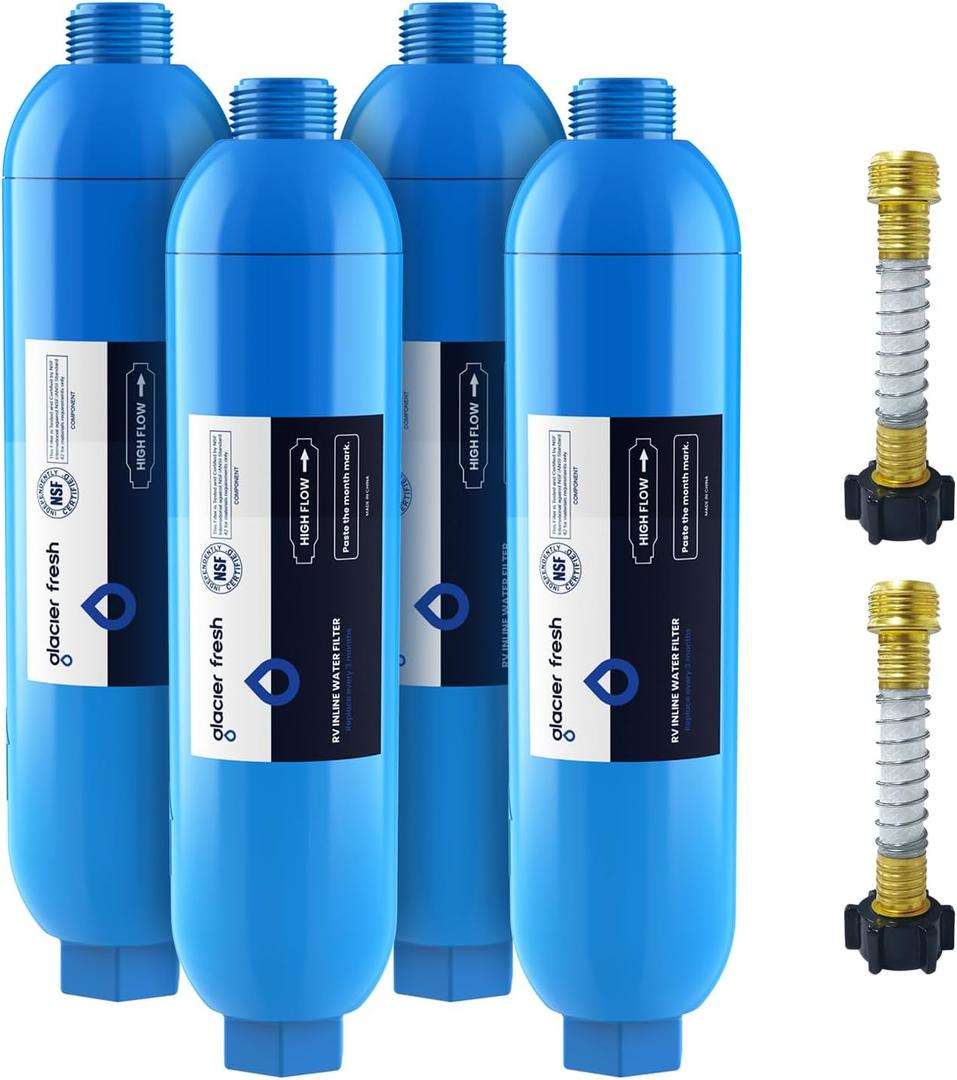 GLACIER FRESH RV/Marine Water Filter with 2 Flexible Hose Protector, Greatly Reduces Bad Taste, Odors, Chlorine and Sediment in Drinking Water, 2 Pack (Blue)