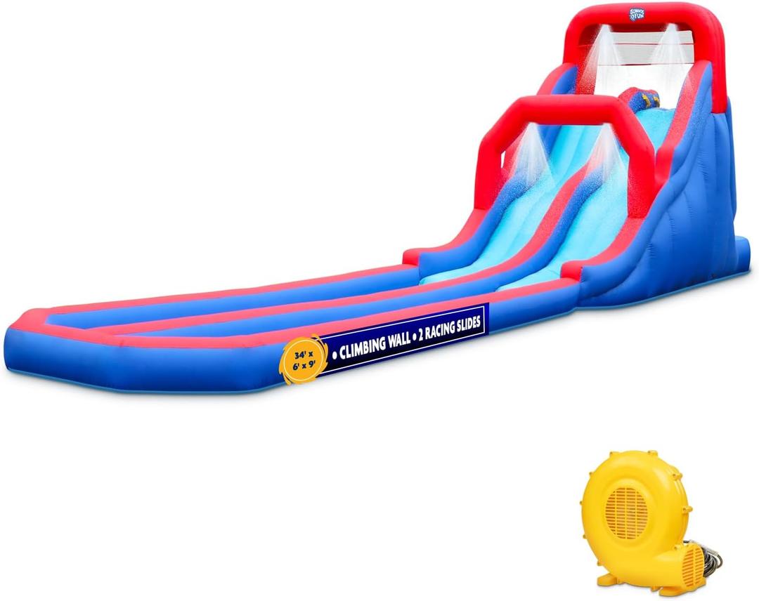 Sunny & Fun Dual Splash Inflatable Water Racing Slide Park  Heavy-Duty for Outdoor Fun - Climbing Wall, Two Slides & Splash Pool  Easy to Set Up & Inflate with Included Air Pump & Carrying Case