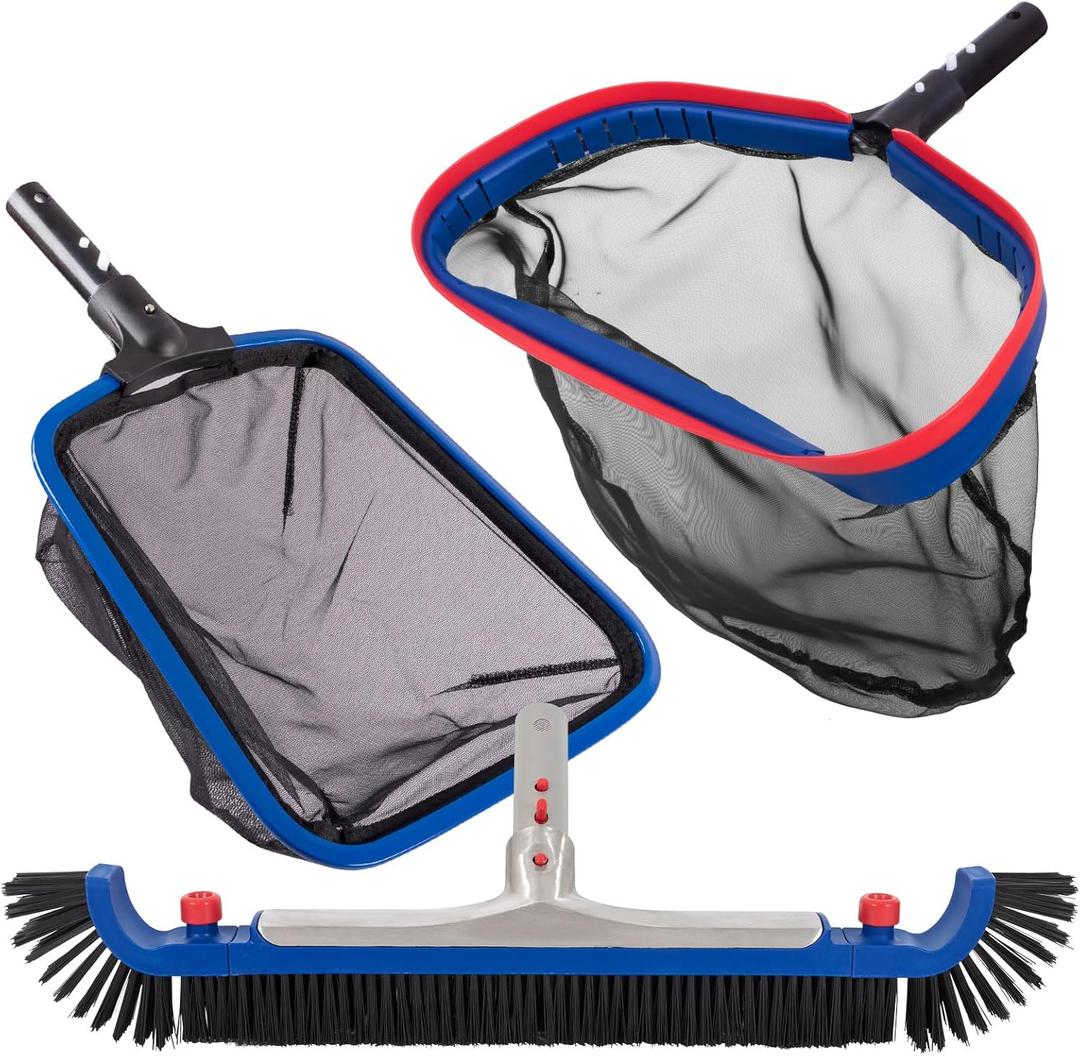 POOLAZA Deluxe Swimming Pool Cleaning Kit Including 20'' Pool Brush Head & Heavy Duty Pool Nets for Cleaning (17.5''Pool Net Skimmer & Semi-deep Ultra Fine Mesh Pool Skimmer Net with Aluminum Frame)