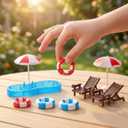 2 Sets 1:12 Scale Miniature Swimming Pool Dollhouse Accessories, Folding Beach Chairs Umbrellas Swim Rings, Summer Fairy Garden DIY Decor