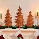 Huwena 3 Pcs Fall Metal Pine Tree Tabletop Decor Vintage Christmas Trees Table Centerpiece with Wooden Base Rustic Farmhouse Standing Tree Sign for Home Office Fireplace Shelf Tiered Tray Decor Brown