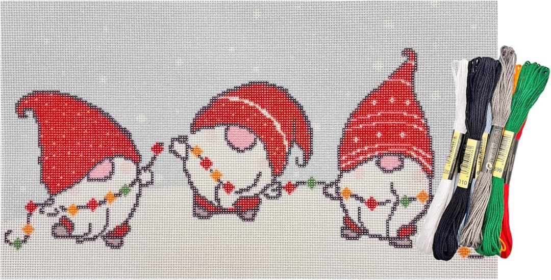 Howie's Needlepoint Christmas Needlepoint Kits, 18CT Printed Embroidery Pattern Starter Kits, Stamped Patterns Canvas Kits(Christams Gnomes,6x11inch)