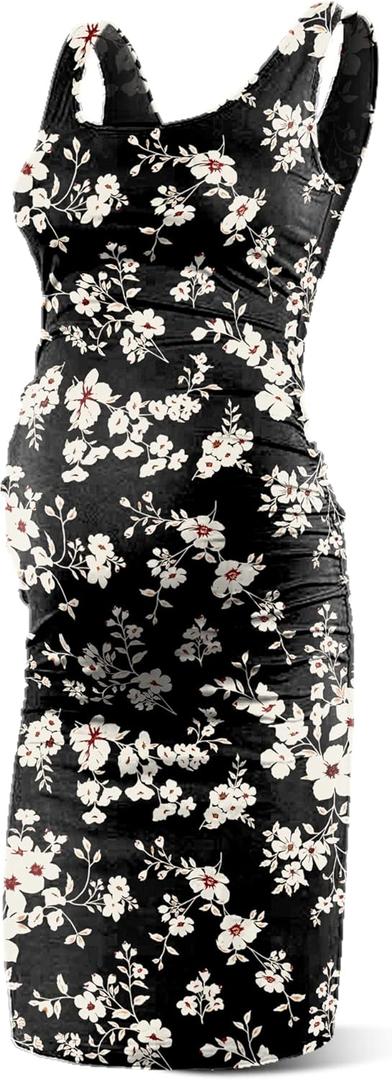 Rnxrbb S-2XL Women Summer Sleeveless Maternity Dress Pregnancy Tank Scoop Neck Mama Clothes Casual Bodycon Clothing (XX-Large, B-black Yellow Floral)