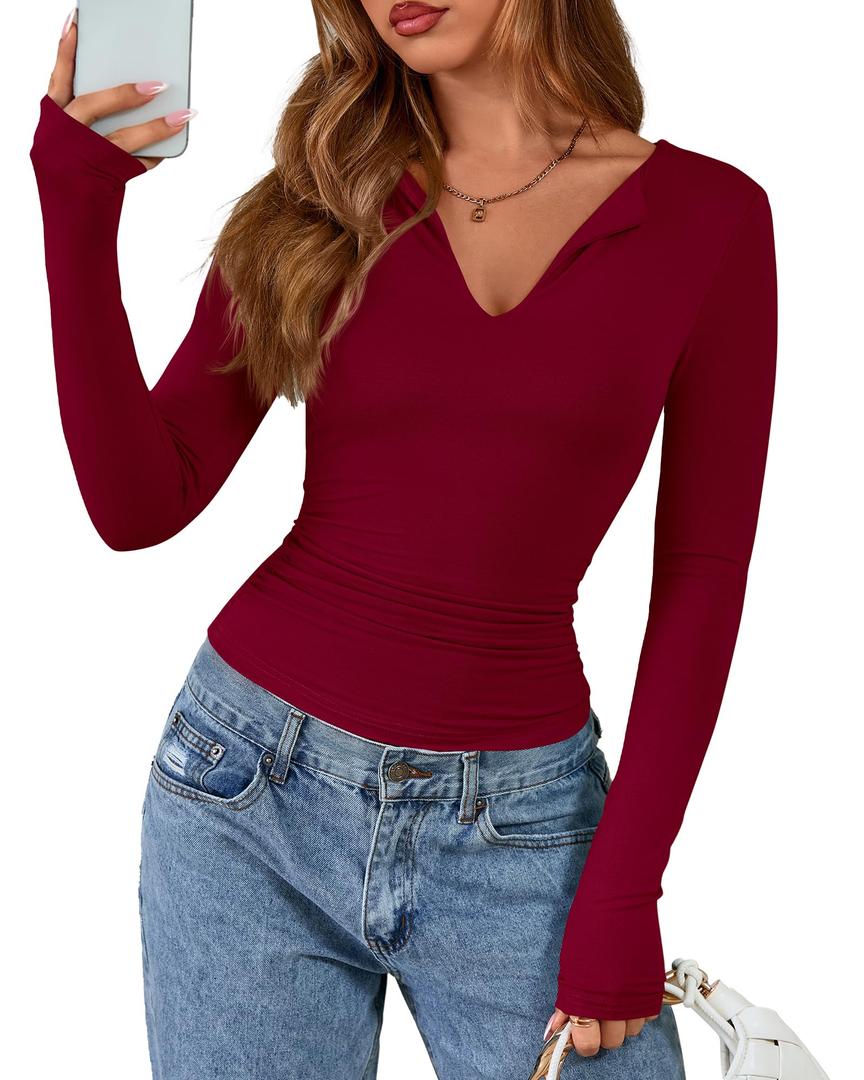 BTFBM Long Sleeve Shirts for Women 2025 Fall Fashion V Neck Knit Ruched Slim Fit Casual Basic Tees Going Out Tops Y2k(Burgundy, Small) (Red, S)