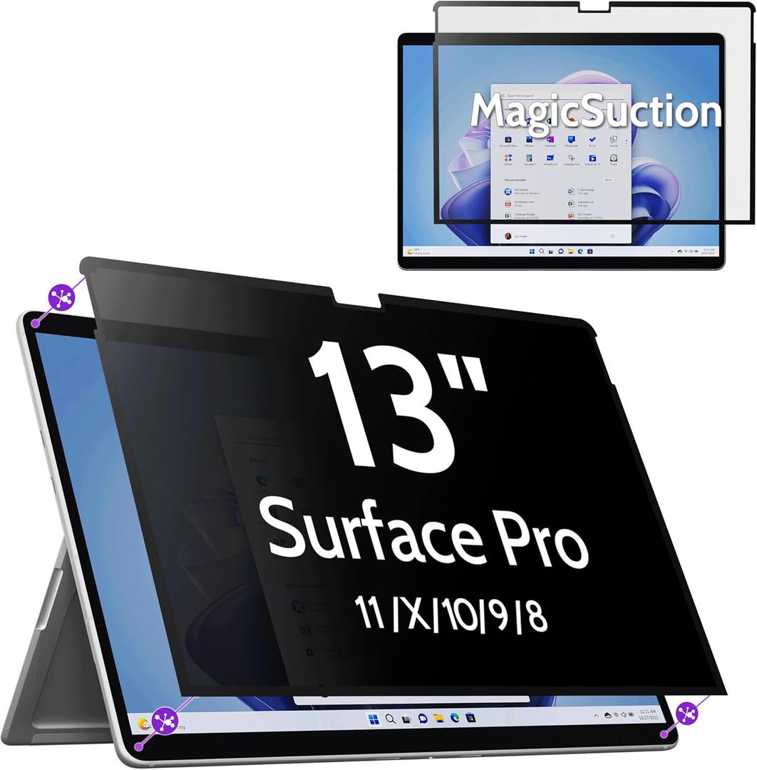 Privacy Screen for 13 Inch Surface Pro 11/10/9/8/X, MagicSuction Removable Anti Spy Black Protector, Glare Blue Light Filter for Microsoft Laptop Computer Monitor