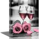 CGXLB Rose Pink Wine Canvas Wall Art Kitchen Artwork Black and Pink Rose Floral Wine Glass Picture Prints for Dining Room Restaurant Home Decor (Pink16.00" x 24.00")