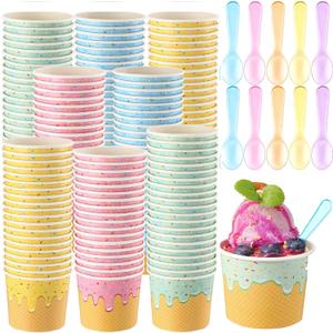 100 Pack 8 oz Ice Cream Cups with Spoons Paper Dessert Cups Colorful Sundae Bowls Disposable Ice Cream Containers for Hot Soup Spring Summer Graduation Bar Party Supplies