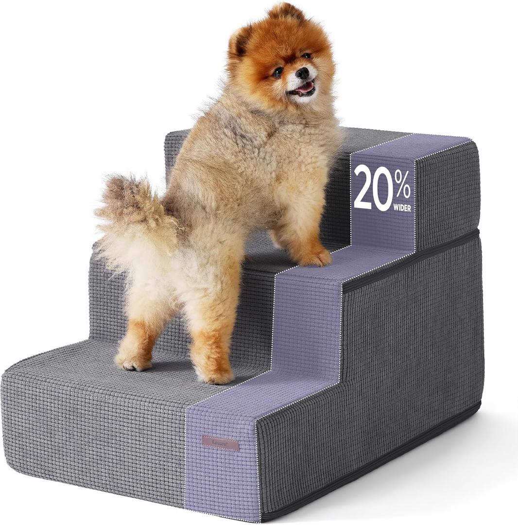 Lesure Dog Stairs for Small Dogs and Cats 16.5" H x 18" W Extra Wide 3-Step Foldable Foam Pet Steps for Couch Sofa and Chairs with Supporting Board and Non-Slip Bottom, Grey, 3-Step(24"D X 18"W x 16.5"H)