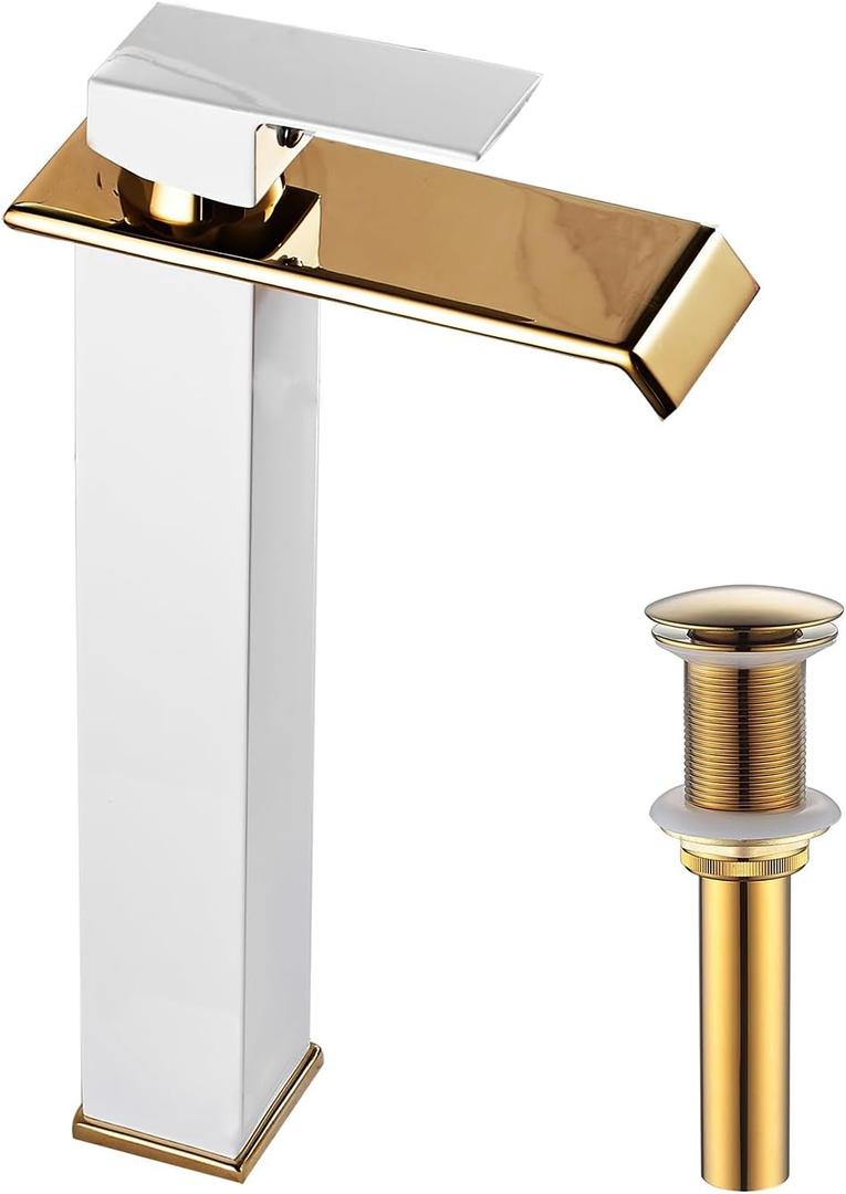 White Gold Faucet Bathroom Vessel Sink Golden Waterfall Spout Faucet Single Handle Bowl Sink Faucet Modern Single Hole Basin Vanity Tall Bathroom Sink Faucet with Pop Up Drain Stopper Supply Hose