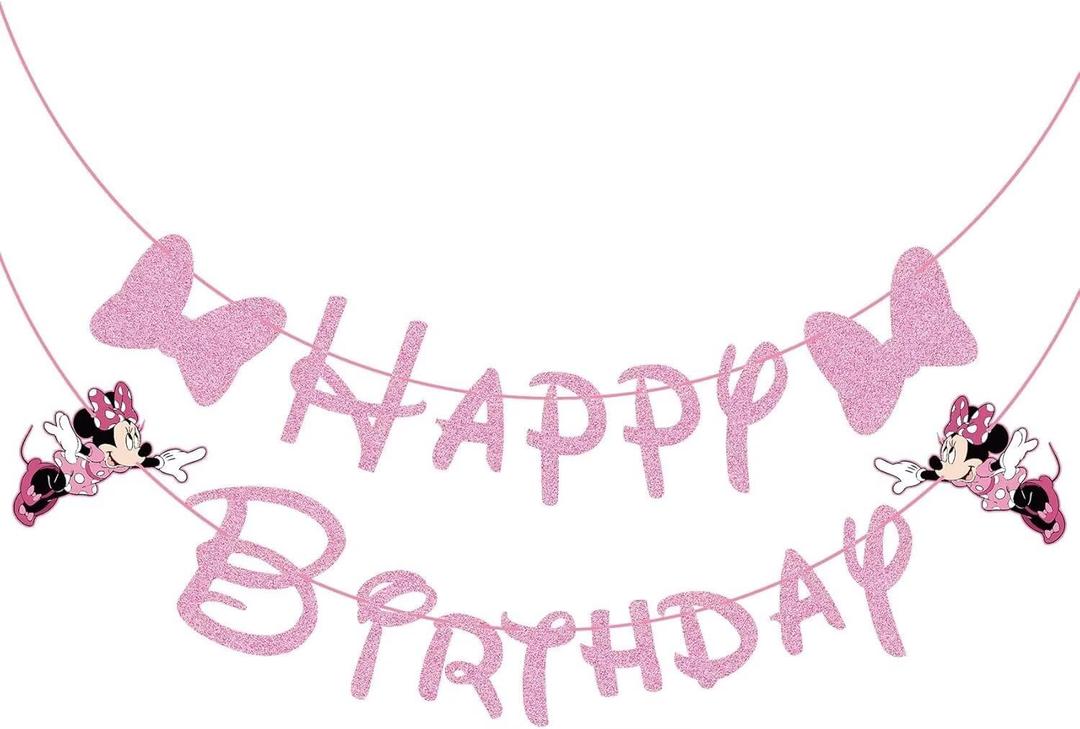 Pink Mouse Happy Birthday Banner, Birthday Party Decoration for Girl Kids, 45 inch