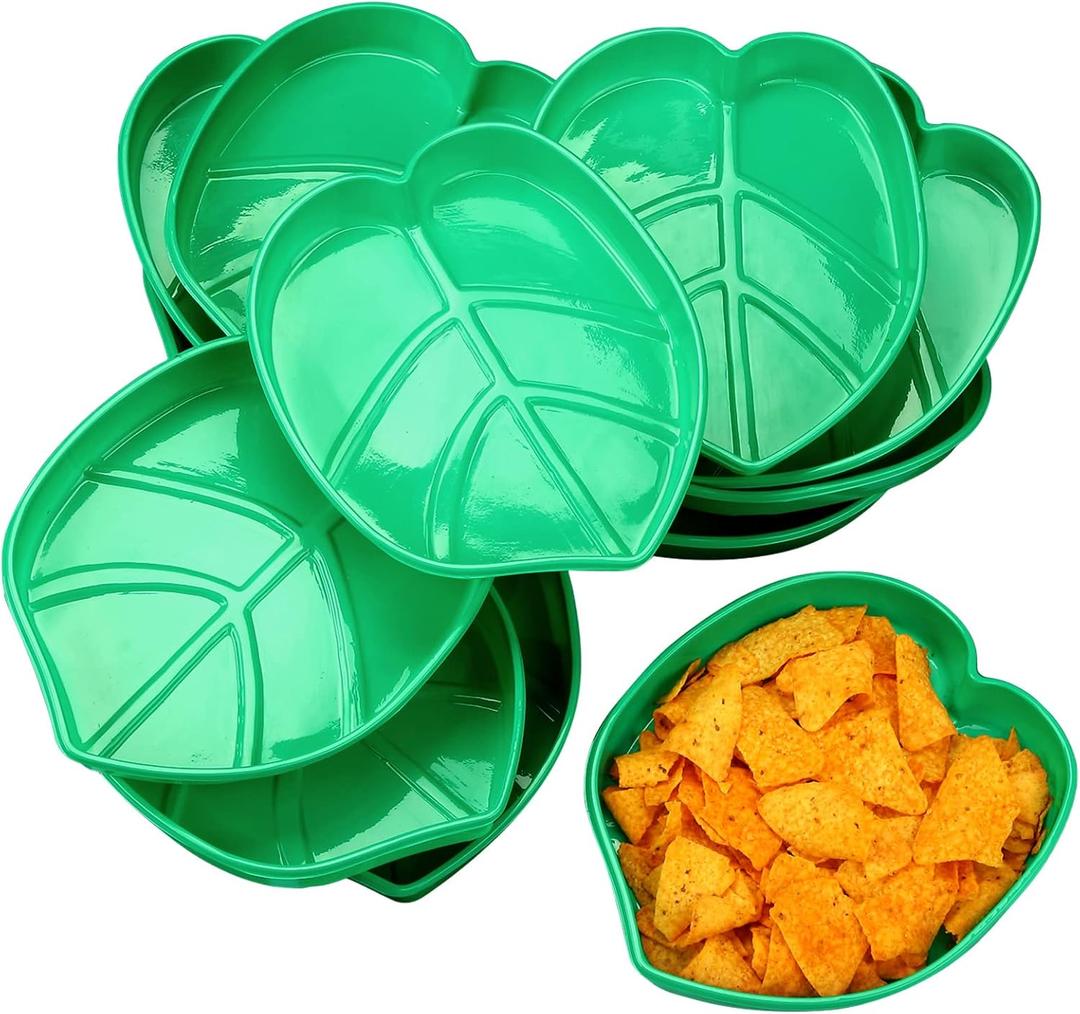 12 Pieces Palm Leaf Plates Hawaii Style Snack Tray Reusable Cookies Candy Dip Palm Leaf Serving Platter Green Plastic Food Tray Luau Party Plates for Jungle Safari Tropical Birthday Supplies