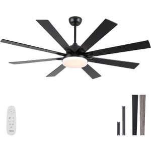 62 Inch Ceiling Fans with Lights,Large Modern Ceiling fan with Remote and 8 Wooden Blades,Dimmable,6 Speeds,Noiseless Reversible Indoor&Outdoor Fan for Bedroom,Patio,Living Room (Black)