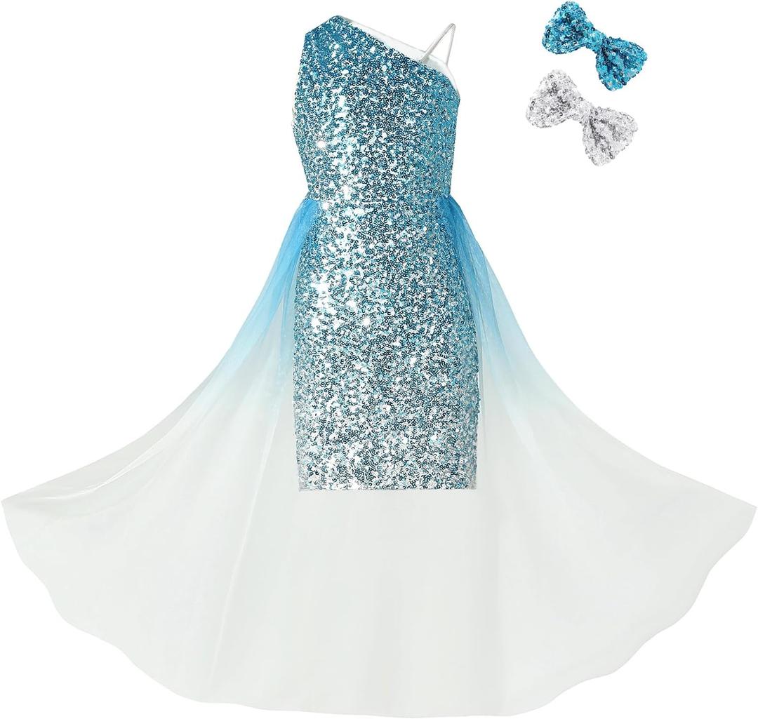 EXARUS Girls Sparkle Sequin Dress Bodycon with Mesh Tween Formal Homecoming Party Dresses Prom Dance Teens One Shoulder, 6 Years, Blue Silver Gradient-one Shoulder