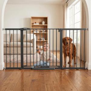 Mumeasy Extra Wide Large Baby Gate for Doorways, 36-66" Walk Through Wide Long Dog Gate for Door & Stair, Auto Close Dual Swing Pressure Mounted Child Safety Gate for Toddlers, Puppies & Pets, Black