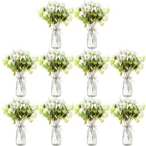 20 Pack Artificial Flowers with Vase Bulk, 10 Bundles Silk Flower Bouquet 10 Clear Vase with 1 Pcs Rope, Table Centerpiece Arrangement Wedding Party Deco(Dahlia,White)