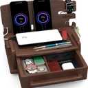 MED Wood Phone Docking Station with Drawer  Nightstand Desk Organizer  Desk Organizer for Husband - Birthday Gifts for Men, Dad, Anniversary Idea, Key Holder Stand Watch & Accessories (Dark Walnut) (Model 3)
