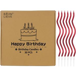 BEAN LIEVE 30-Count Spiral Birthday Candles - Elegant Twisted Design with Holders, Long-Lasting Burn for Birthdays, Weddings, Cupcakes & Family Celebrations (Red)