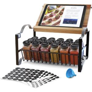 3 Tier Spice Rack Organizer with Bamboo Top Tablet Holder, 18 Spice Jars, 422 Spice Labels, and Funnel Set for Kitchen, Cabinet, Countertop, Pantry, Cupboard. Seasoning Organizer Black