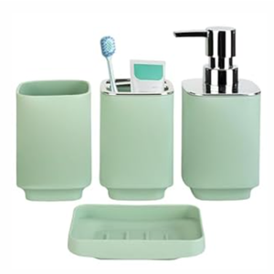 4 Piece Bathroom Accessories Set, Green Boho Bathroom Decor, Bathroom Sets Complete, Soap Dispenser, Toothbrush Holder, Mousewash Cup and Soap Dish, Bathroom Sink Set for Modern Home Decor, Green