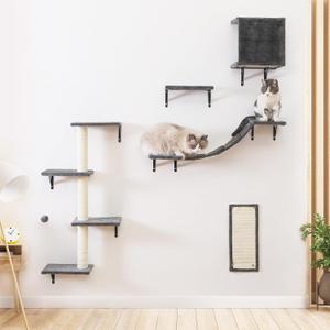 Modern Wall-Mounted Cat Furniture - 5pcs Cat Wall Shelves, Wooden Climber Includes House, Bridge, Tree, Steps, and Scratcher (Gray) (Gary)