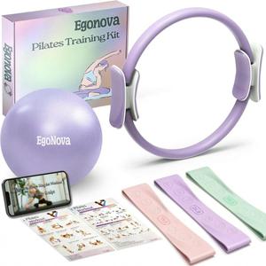 Pilates Ring Set: 14-Inch Magic Circle with Dual Padded Handles, Pilates Mini Ball, and Resistance Bands (15, 25, 35 lbs) for Strength, Flexibility, Stability, and Body Toning, 8-10