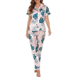 VENTELAN Womens Silk Satin Pajama Sets Short Sleeve Button Down Top and Long Pants 2 Piece Pjs Set Soft Sleepwear Size XL