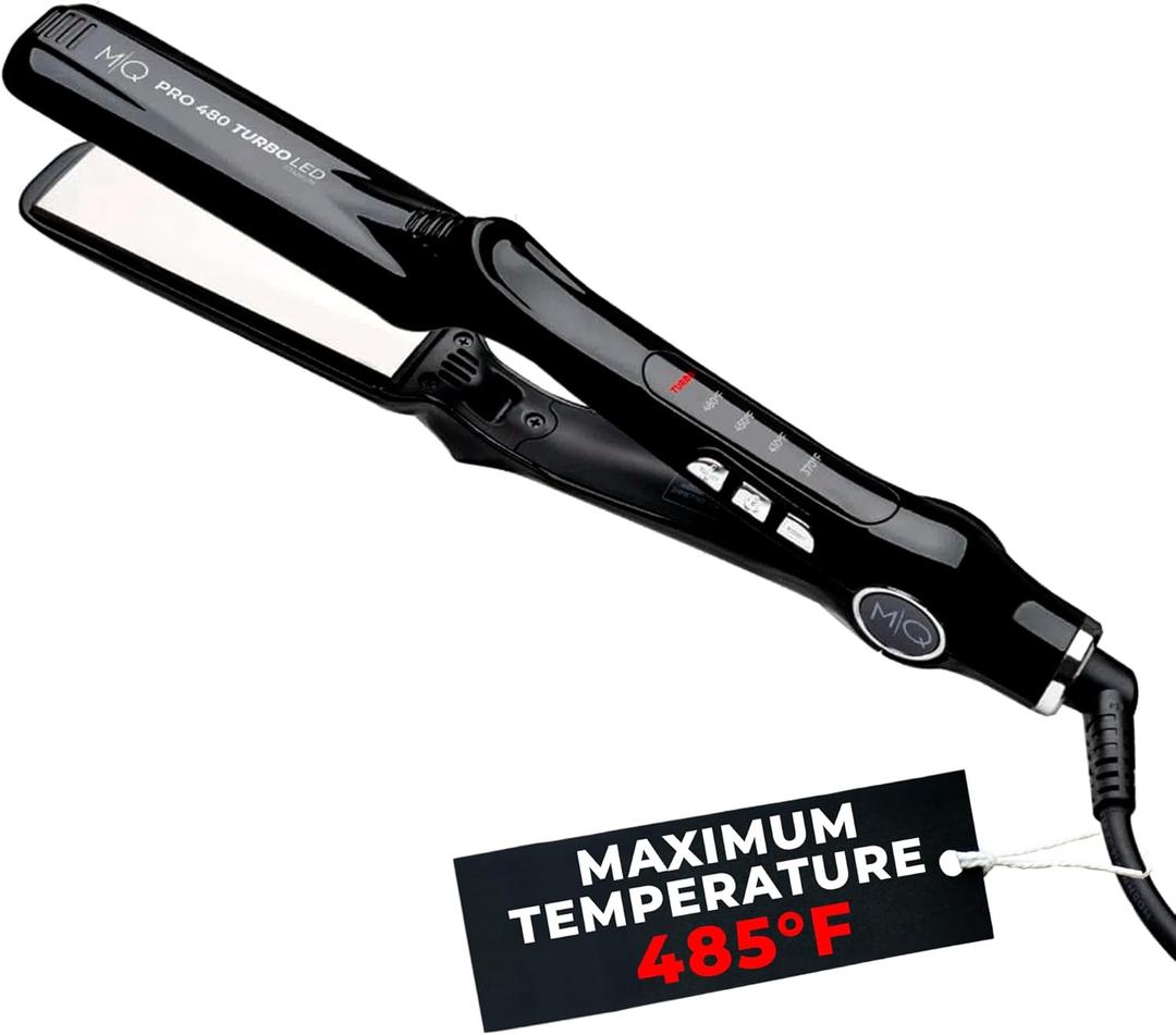 MQ Hair - Professional Titanium Flat Iron 480F Turbo - Bivolt, Anatomic Design, Ultra-Smooth, Mirror Effect - 3 Passes Needed, Perfect Straightening - Heating Safe Control, Ionized Plates - Black