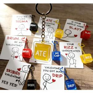 Valentine's Day School Cards for Kids - 24 Slang Cards with 8 Keyboard Keychains - Perfect for Valentine's Day Class Exchange Gifts for Boys, Girls, and Teenagers