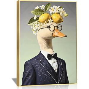 DRLWGTY Framed Abstract Animal Wall Art, Funny Duck in Formal Attire with Hand-applied Crystals, Vintage Poster for Bedroom Living Room, Ready to Hang 36"x24"
