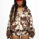 Womens Cow Print Suede Jacket Set Casual Animal Print Cropped Coat Long Sleeve Button Up Western Motorcycle Outwear (Brown, XL)