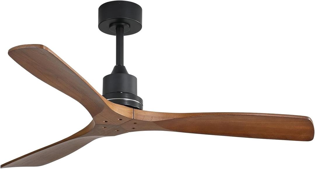 Wood Ceiling Fan no Light, Walnut, 52" Ceiling Fan Without Light, Flush Mount, Modern Solid Wood 3 Blade Ceiling Fans with Remote for Indoor Farmhouse Bedroom Living Room Outdoor Patio Porch