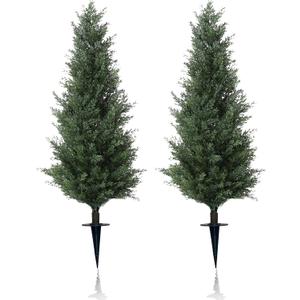 47" Artificial Cypress Topiary Cedar Topiaries for Indoors & Outdoor UV-Resistant Rated with Spike. Easy to Push in The Ground 4FT Home Garden Decor Set of 2