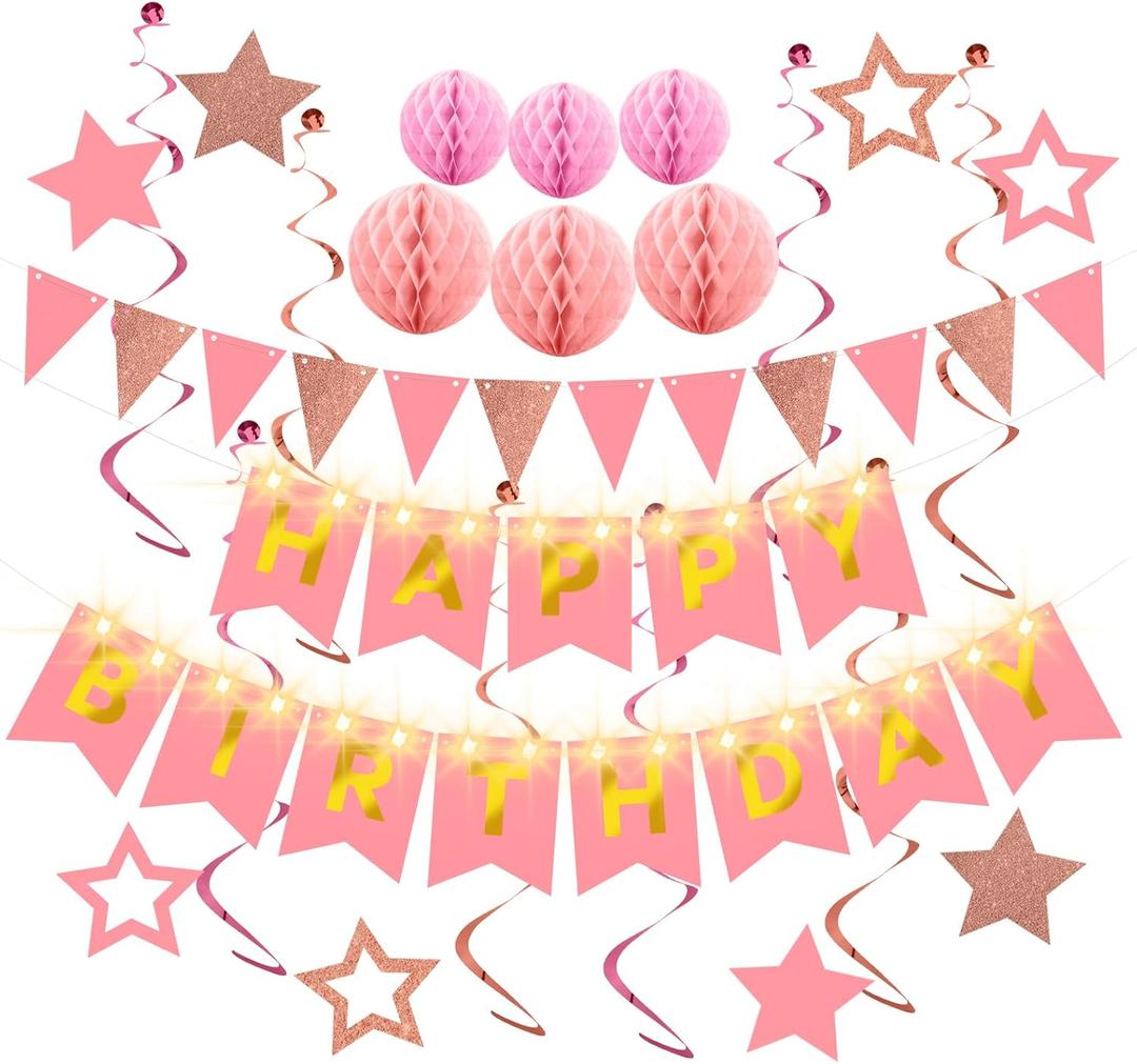 Birthday Decorations,Pink Happy Birthday Banner with Fairy lights,Pennant Banner,Honeycomb Balls and Star Hanging Swirls Streamer Happy Birthday Party Decorations for Women Men Boys Girls