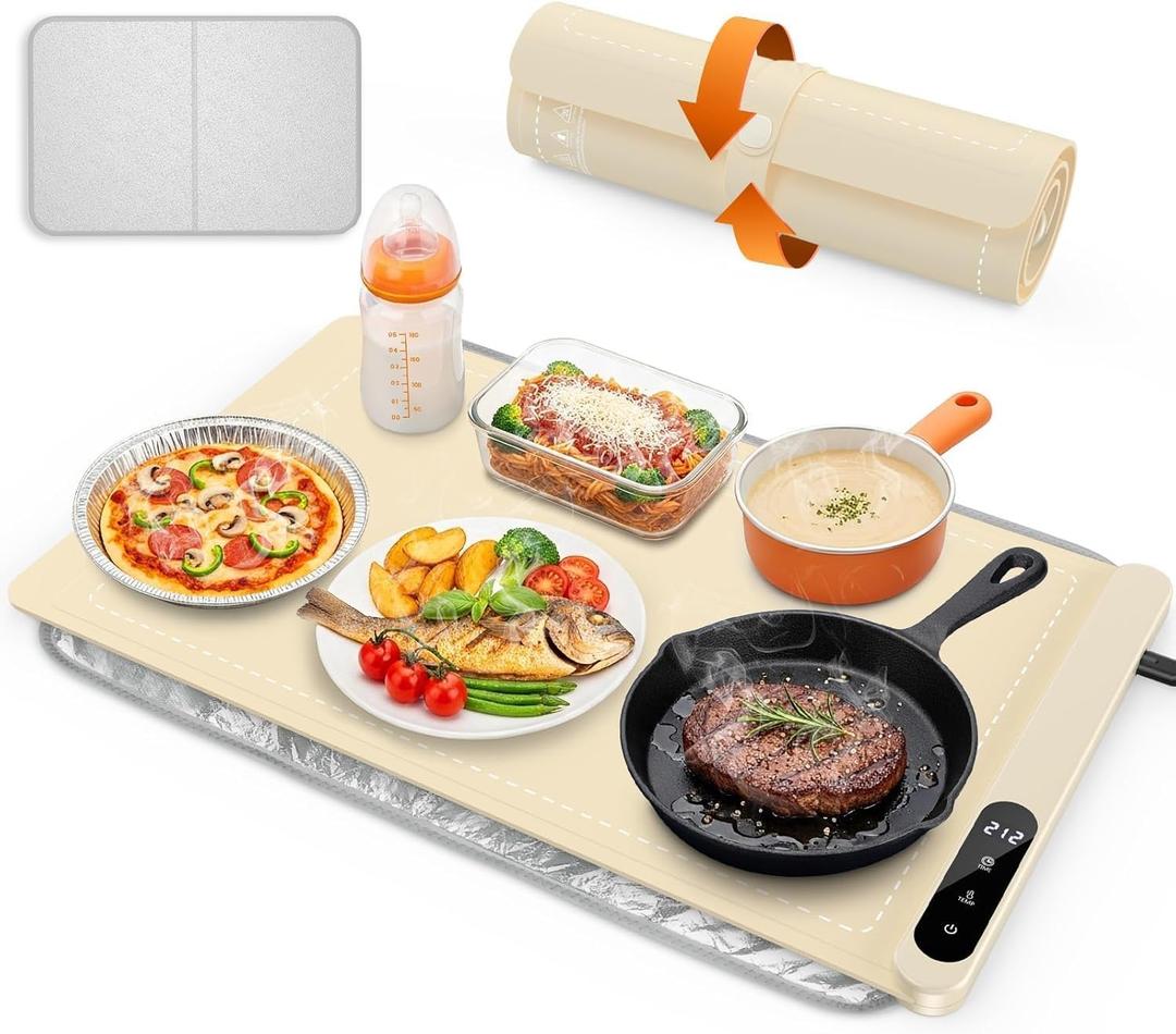 Food Warming Mat, Silicone Electric Warming Tray with 6 Adjustable Temperature, Full Surface Heating, Portable Roll Up Heating Mat with Heat-resistant Pad, Kitchen Food Warmer Pad for Buffets Party (Beige)