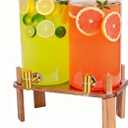 2 PACK 1.5 Gallon Glass Beverage Dispenser with Wooden Lid, Drink Dispenser with Wooden Stand, Lemonade Dispenser with Stainless Steel Leak-Proof Spigot for Parties, Weddings