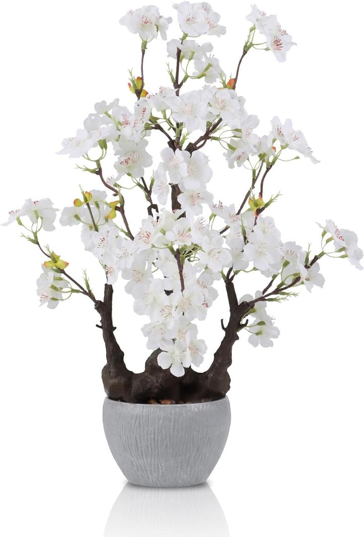 TOARTi Artificial White Cherry Blossom Potted Plant with Stone Pot, 17.7" Bonsai Tree Fake Flowers Faux Plants Desk Plant, Realistic Plants Indoor Decor for for Home Bedroom Bathroom Office Desk