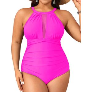 Aqua Eve Women Plus Size One Piece Bathing Suits Ruched Tummy Control Swimsuit High Neck Mesh Swimwear Hot Pink, 18W