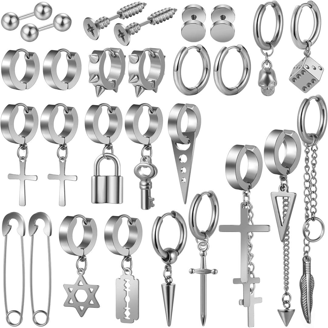 Black Cross Earrings for Men, 28 Pieces Stainless Steel Long Chain Dangle Piercing Hoop Earrings Set for Gifts (Silver)