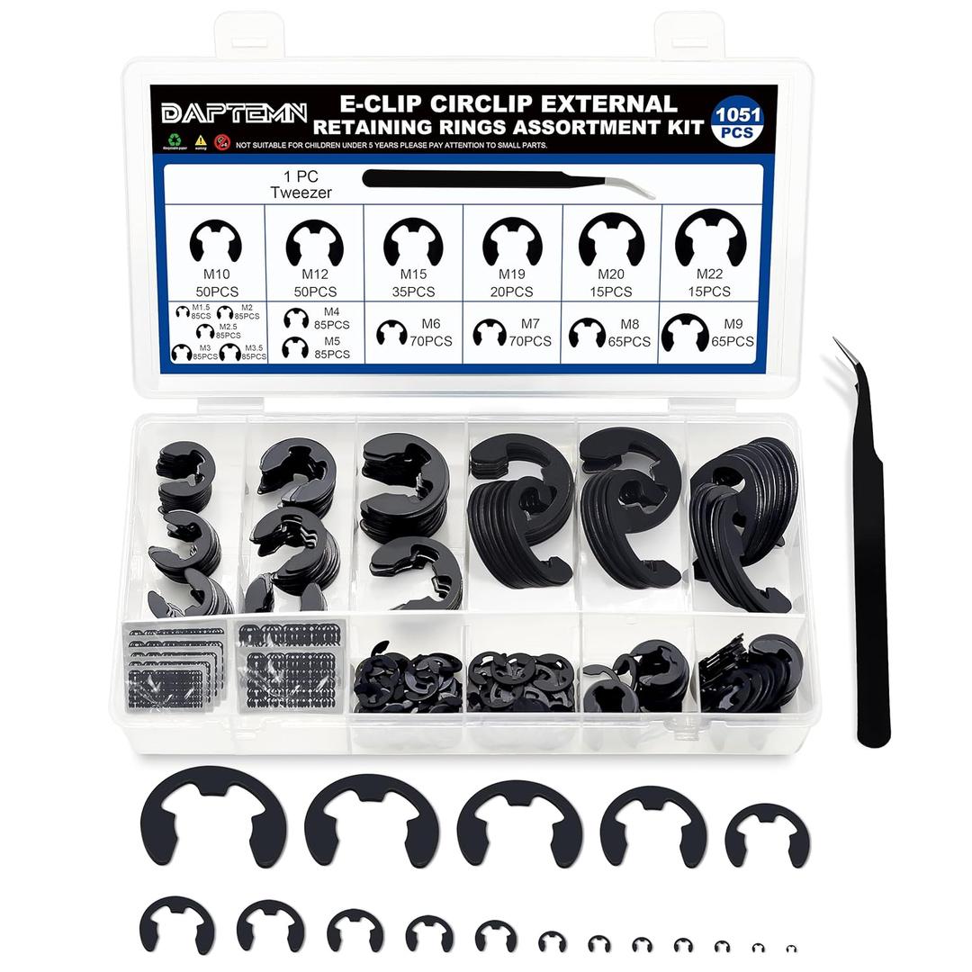 E Clip Circlip External Retaining Rings Assortment Kit, 1050PCS E Clips External Carbon Steel Rings and 1 PC Tweezers, Includes Sizes of M1.5-M22