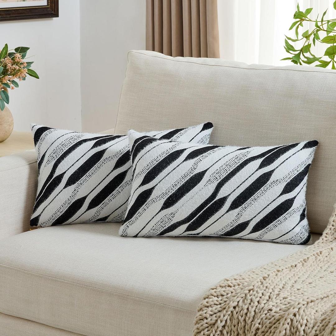 FUTEI Black White Decorative Throw Pillow Covers 12x20 Inch Set of 2,Soft Geometric Textured Faux Cashmere Pillow Case,Modern Home Decor for Couch Bed Living Room