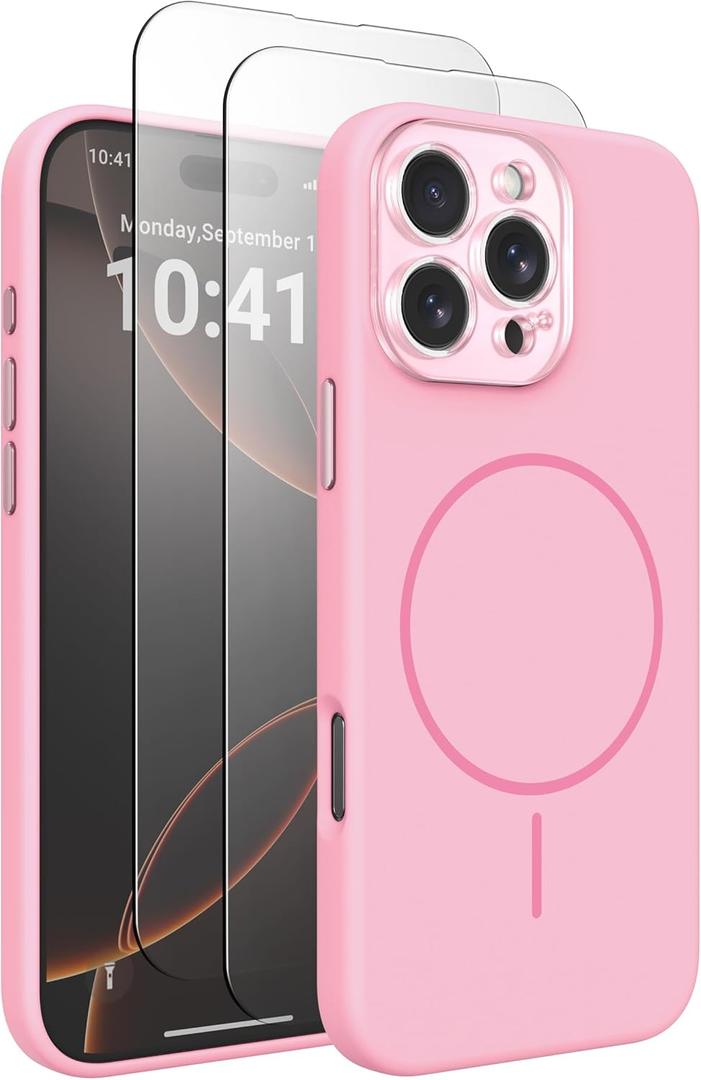 Magnetic Silicone Case for iPhone 16 Pro Case with 2 Screen Protector, Upgraded Hard Acrylic Camera Protector Soft Slim Stylish Cute Phone Cover Compatible with MagSafe, Chalk Pink