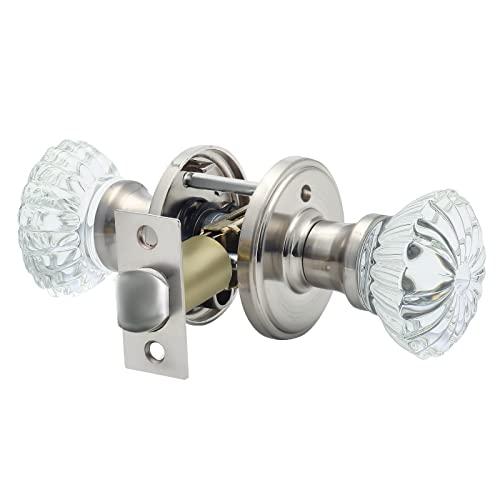 Cielsa Dawn Glass Door Knobs Interior with Lock, Satin Nickel Door Handles, Crystal Door Knobs with Lock(Satin Nickel, Privacy)