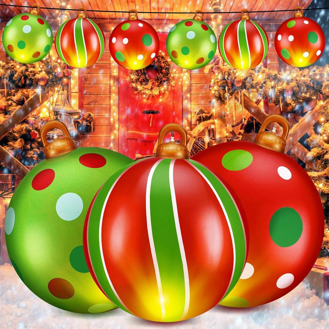 Jetec 3 Pcs 24 Inch Light up PVC Inflatable Christmas Ball Giant Inflatable Christmas Ornaments Balls Christmas Outdoor Decorations Large Weight Stand Firmly Yard(Novelty Style)